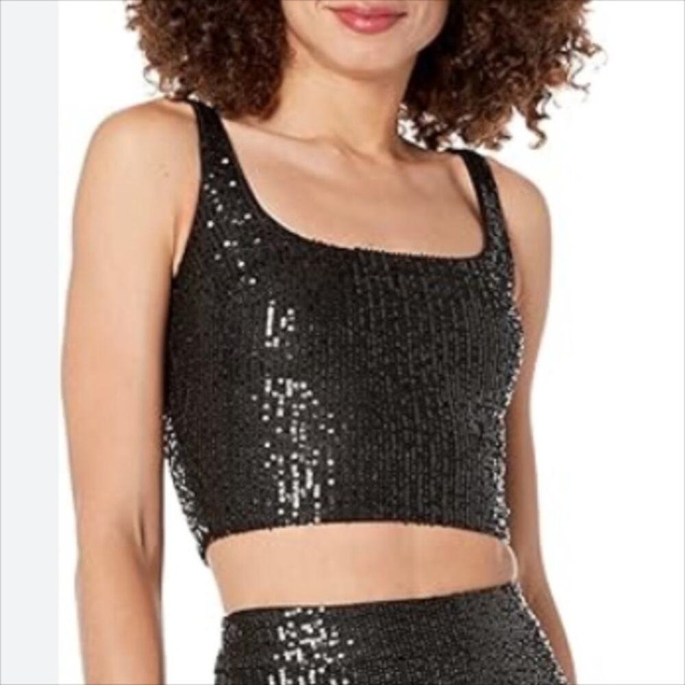 Dress the Population Black Sequin Sleeveless Sequin Crop Top Size XS